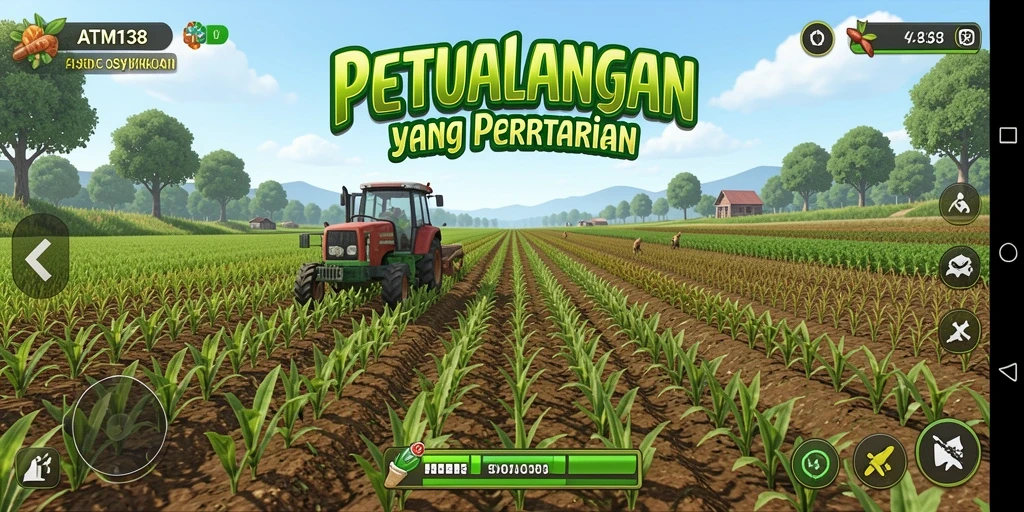 Tangkapan layar gameplay ATM138 dengan ladang hijau dan aktivitas pertanian.