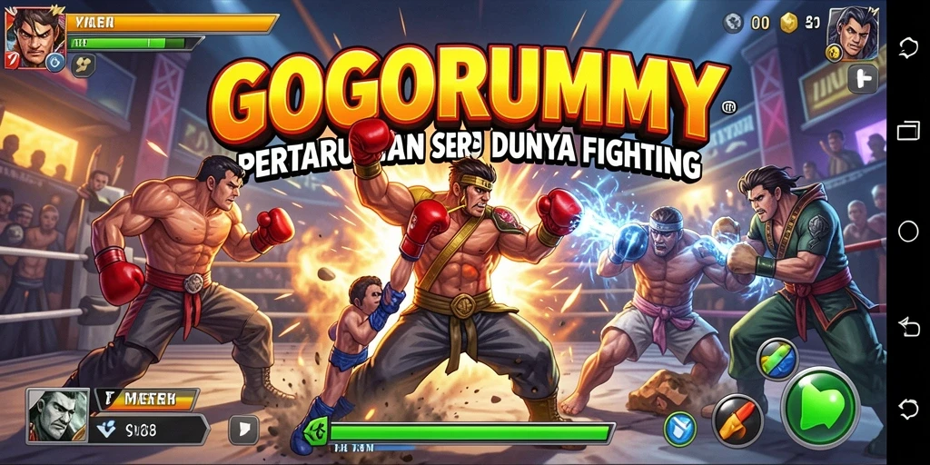 Gameplay <strong>GOGORUMMY</strong> menampilkan pertarungan intens dan karakter yang dinamis.