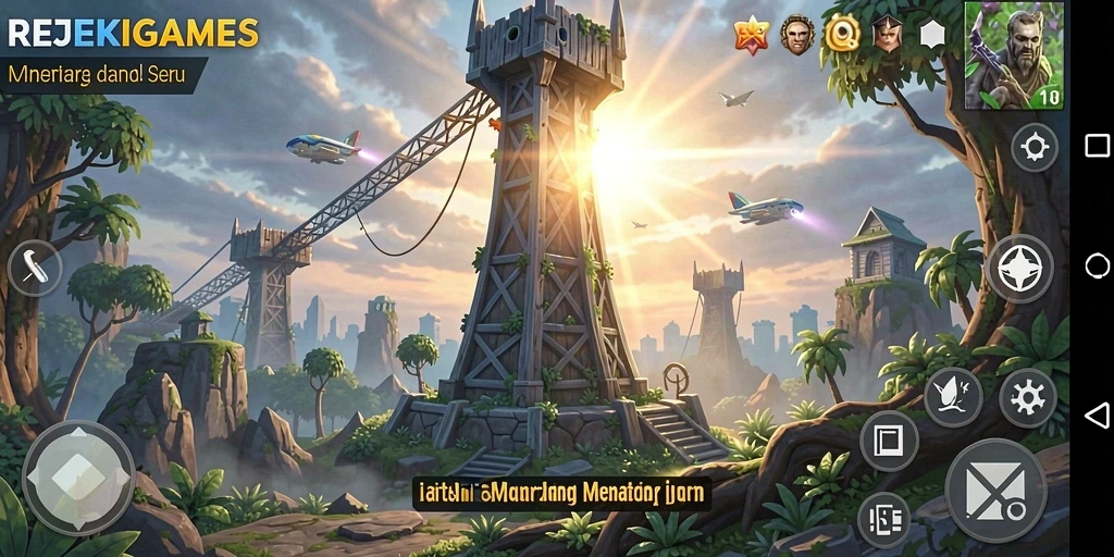 Screenshot gameplay <strong>REJEKIGAMES</strong> menunjukkan aksi menara yang mendebarkan.