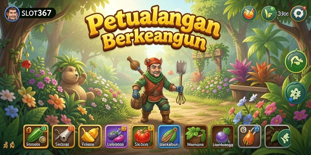 Screenshot gameplay menampilkan kebun yang subur dan berwarna-warni.